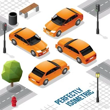Orange Isometric Long Car from Front Back Right and Left Stock Illustration