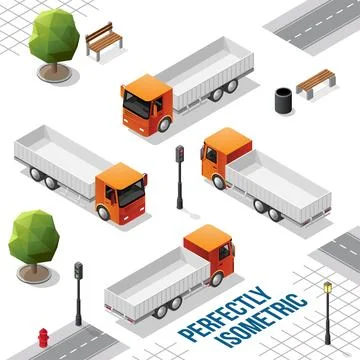 Orange Isometric Truck from the Front Back Right and Left Views Stock Illustration