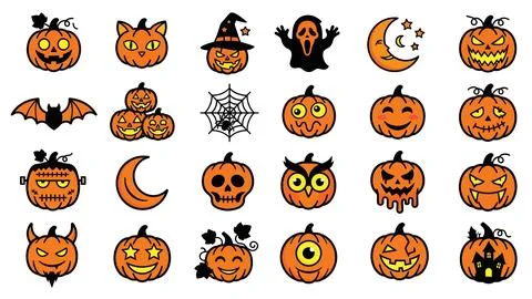 Orange jack o lantern pumpkin icons with various funny and scary expression.. Stock Illustration