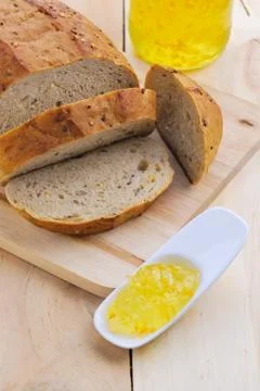 Orange jam and wholegrain bread Stock Photos