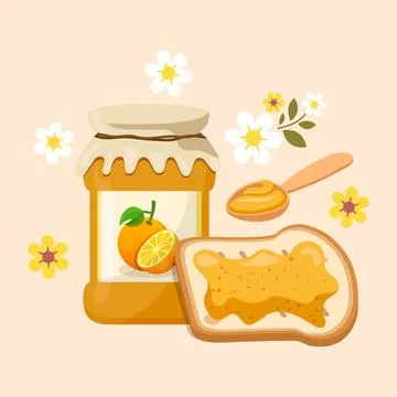 Orange jam in glass jar with bread toast icon in flat style. Breakfast swee.. 스톡 일러스트