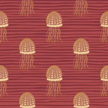 Orange jellyfish silhouettes seamless pattern. Stripped background. Hand draw Illustrazione stock