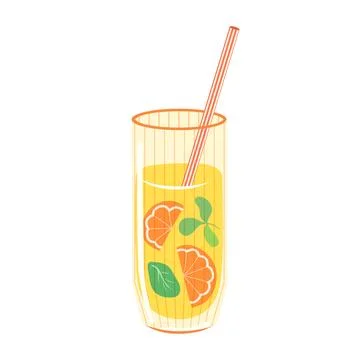 Orange juice drink vector illustration. Tall ribbed glass with citrus slices Stock Illustration