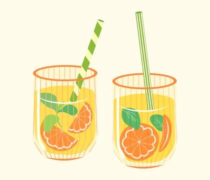 Orange juice drink vector illustration set. Ribbed glasses with citrus slices Stock Illustration