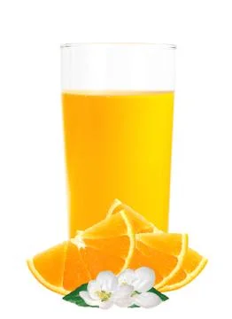 Orange juice in the glass and orange slices isolated on white Stock Photos