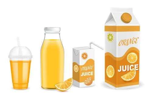 Orange juice packaging container mockup set, vector illustration. Glass bottle Illustrazione stock