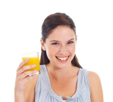 Orange juice, portrait smile and woman with glass drink for hydration, liquid Stock Photos