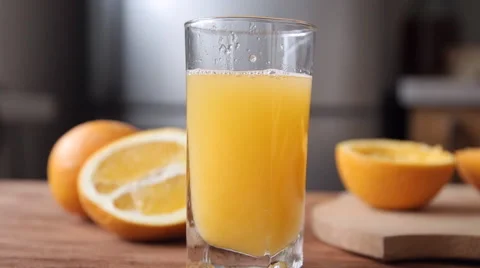 Orange juice pouring in glass on color background Stock Footage
