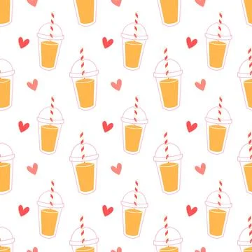Orange juice seamless pattern cute cartoon style with hearts refreshing drink 스톡 일러스트
