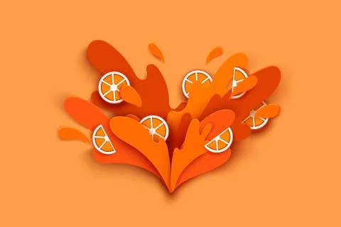 Orange juice splashes and drops in a paper cut style. orange slices and paper Stock Illustration