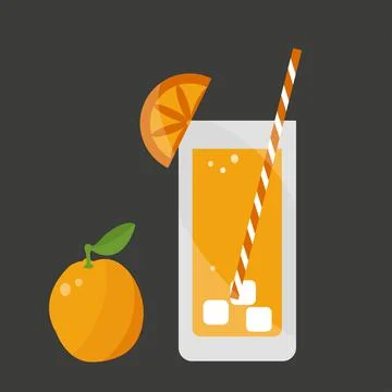 Orange juice with straw, ice, slice fruit on black Stock Illustration