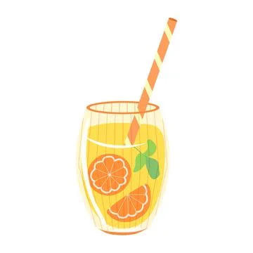 Orange juice vector illustration. Ribbed glass with yellow drink, citrus slices Stock Illustration