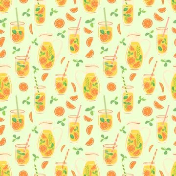 Orange juice vector seamless pattern. Pitcher and glasses of citrus lemonade Stock Illustration