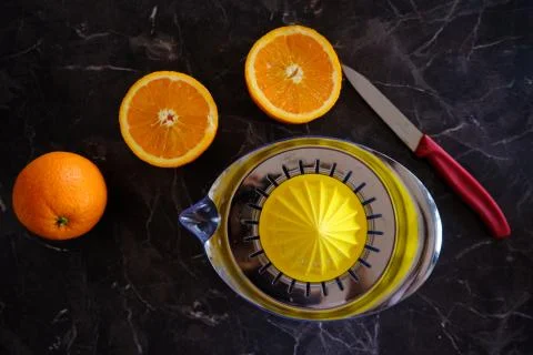 Orange Juice, Vitamin C Boost, Freshly hand juiced fruit juice. Half cut oran Stock Photos