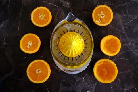 Orange Juice, Vitamin C Boost, Freshly hand juiced fruit juice. Half cut oran Stock Photos
