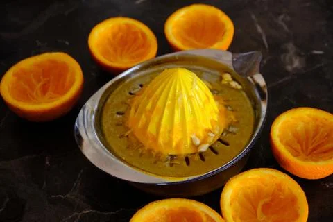 Orange Juice, Vitamin C Boost, Freshly hand juiced fruit juice. Half cut oran Stock Photos