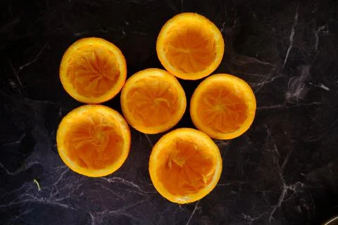 Orange Juice, Vitamin C Boost, Freshly hand juiced fruit juice. Half cut oran Stock Photos