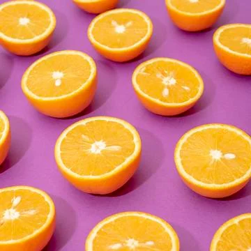 Orange juicy oranges split in half on purple Stock Photos