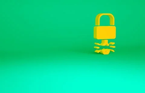 Orange Key broke inside of padlock icon isolated on green background. Padlock 스톡 일러스트