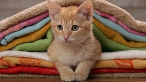 Orange kitten nested under towels  - looking around with curiosity, close up Stock Footage 103820139