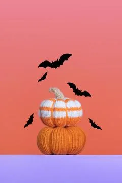 Orange knitted pumpkins Stock Photos