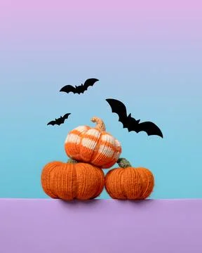 Orange knitted pumpkins Stock Photos