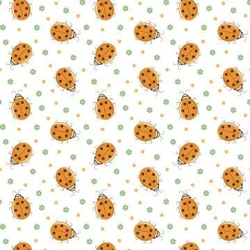 An orange ladybug with a tiny green and peachy flowers seamless pattern Stock Illustration