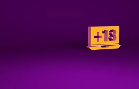Orange Laptop with 18 plus content icon isolated on purple background. Age re Illustrazione stock