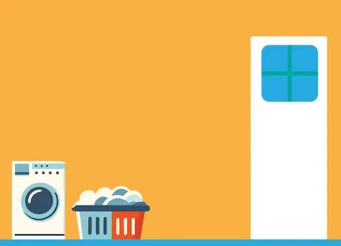A orange laundry room with a front loading washing machine and a laundry basket イラスト素材