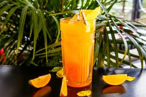 Orange lemonade with a slice of lemon and orange in a glass on the table Stock Photos