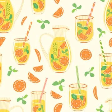 Orange lemonade vector seamless pattern. Pitcher and glasses of citrus juice Stock Illustration