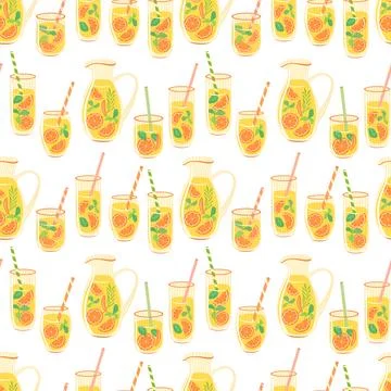 Orange lemonade vector seamless pattern. Pitcher and glasses of citrus juice Stock Illustration