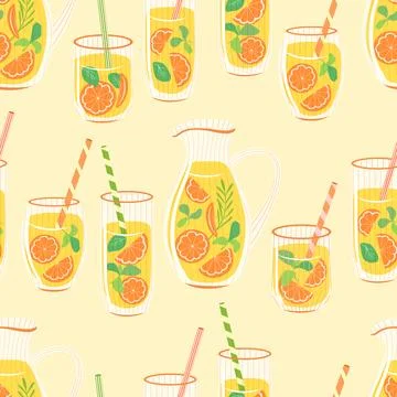 Orange lemonade vector seamless pattern. P pitcher and glasses of citrus juice Stock Illustration
