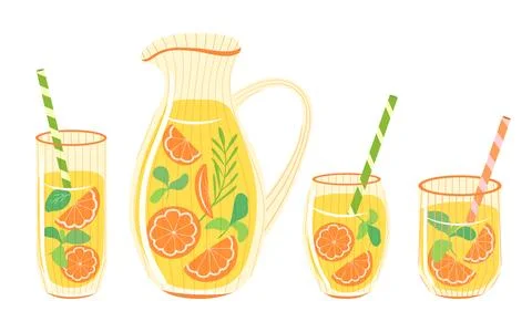 Orange lemonade vector set. Ribbed pitcher and glasses of citrus juice Stock Illustration