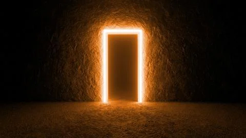 Orange light framing mysterious door in dark room Illustrazione stock