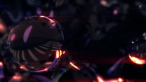 Orange lighting translucent glass meta spheres on black background Stock Illustration