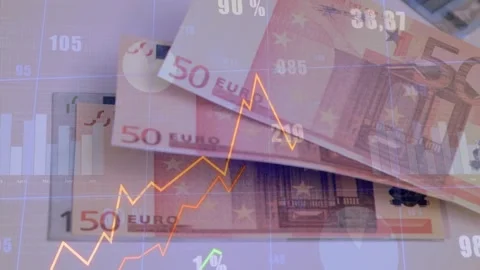 Orange line starting left causing 50€ stack tilting graphs peaking wobbling Stock Footage 329433769