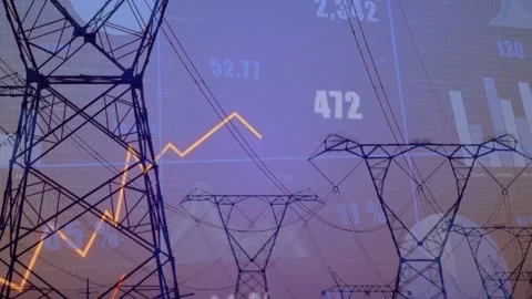 Orange line starting low initiating animated data rising across dark pylons Stock Footage 332746877