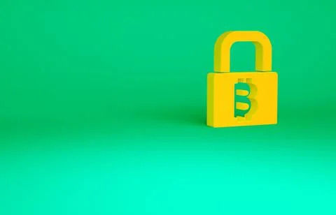 Orange Lock with bitcoin icon isolated on green background. Cryptocurrency mi Stock Illustration