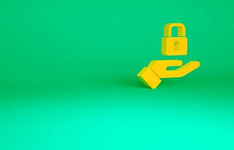 Orange Lock in hand icon isolated on green background. Padlock sign. Security Illustrazione stock