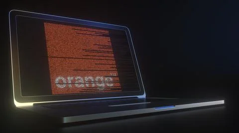 ORANGE logo made with computer code on the laptop screen. Editorial conceptual 库存插图