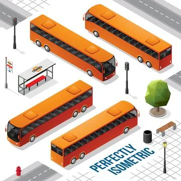 Orange Long Isometric Bus from the Front Back Right and Left Stock Illustration