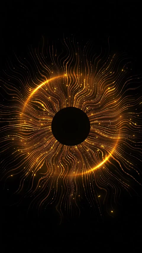 Orange luminous vortex circular black center, wave lines, sparkling dots, solar Stock Footage 334101412
