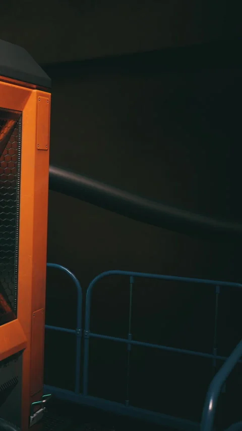 Orange machine in dark space with blue railing and shadowy background Stock Footage 342151015