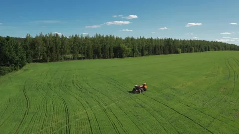 An orange machine sprays green fields from pests. Self-propelled field sprayer Stock Footage 270484384