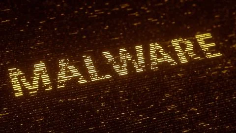Orange MALWARE word made with flying luminescent particles. Information Illustrazione stock