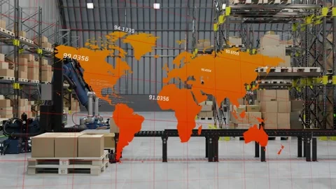 Orange map overlay appearing with numbers over logistics, view panning, robotic Stock Footage 333552707
