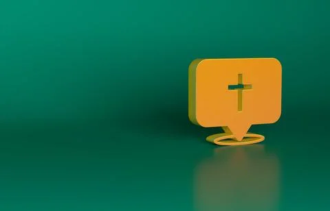 Orange Map pin church building icon isolated on green background. Christian Ilustración de archivo