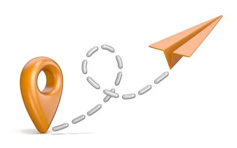 Orange map pointer and paper airplane. Traveling concept 3D Orange map poi... Stock Photos