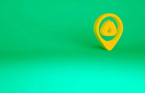 Orange Map pointer with fire flame icon isolated on green background. Fire ne Stockillustratie